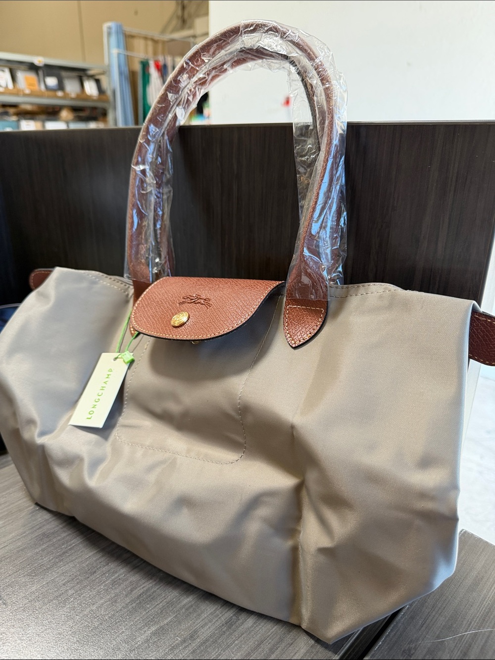 Longchamp Medium Le Pliage Classic Tote Bag in Taupe with Brown Trim - Picture 2 of 6
